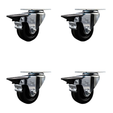 Service Caster 3'' Phenolic Wheel Swivel Top Plate Caster Set with Posi Brake, 4PK SCC-20S314-PHS-PLB-4